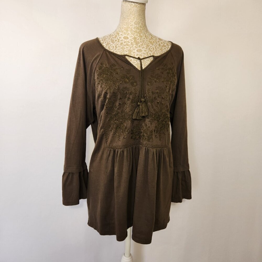J Jill Women's Size L Pine Green Embroidered Tassel Tie Bell Sleeve Peplum Top - Picture 2 of 16